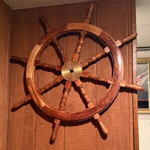 Large Wooden Ship Wheel with Brass Center
